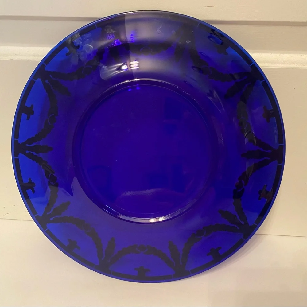 PLATE CHARGER PLATTER VINTAGE BLUE GLASS GOLD LEAF HOME DINING DINNER SERVEWARE